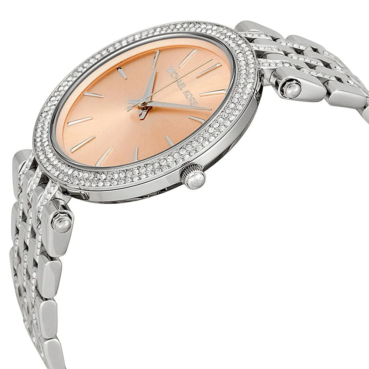 Angled view of MK3218 silver strap watch with beige dial