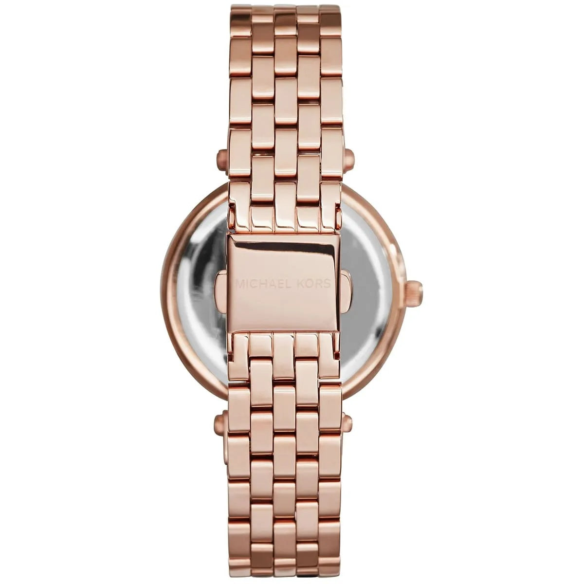 Back view of Michael Kors MK3366 with engraved caseback and beautiful rose gold strap