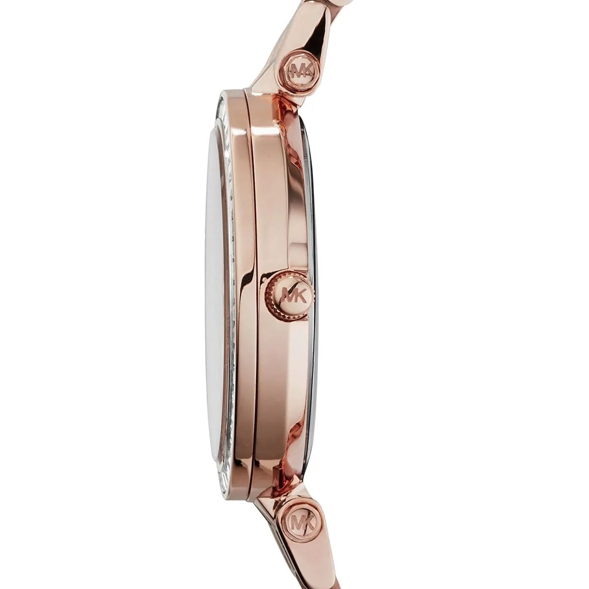 Side profile of Michael Kors MK3366 showcasing elegant rose gold stainless steel strap