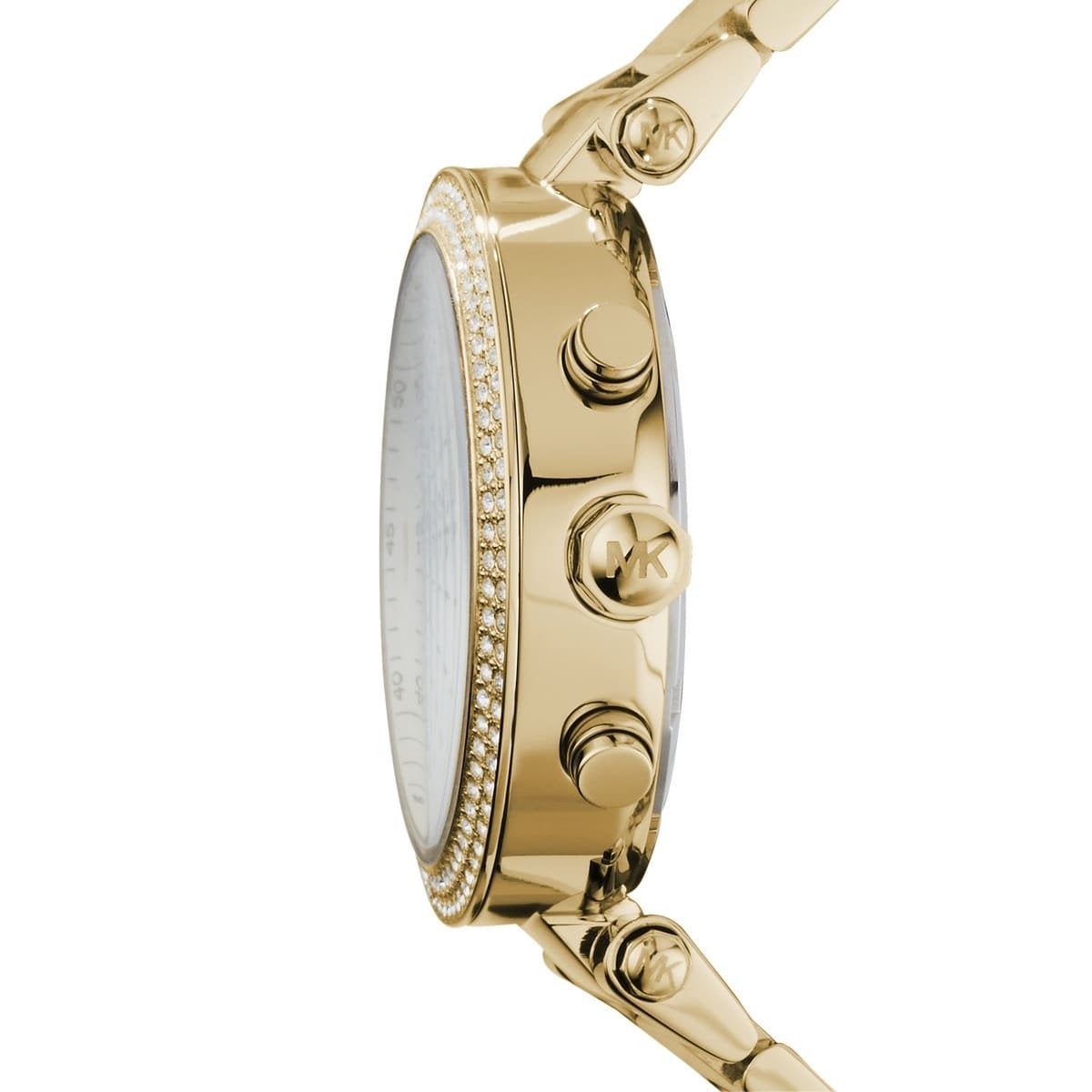 Side view of Michael Kors MK5354 showing polished gold stainless steel case