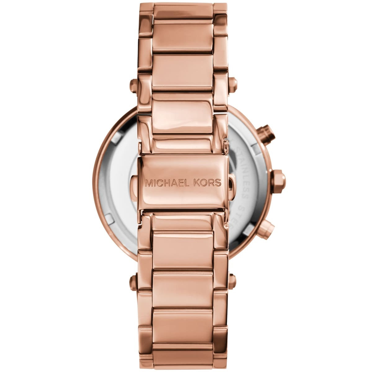 Caseback and clasp of Michael Kors MK5491 highlighting rose gold bracelet