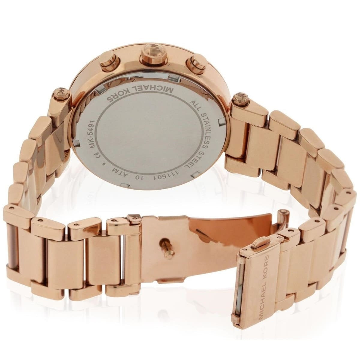 opened caseback of Michael Kors MK5491 displaying internal mechanism and case detailing