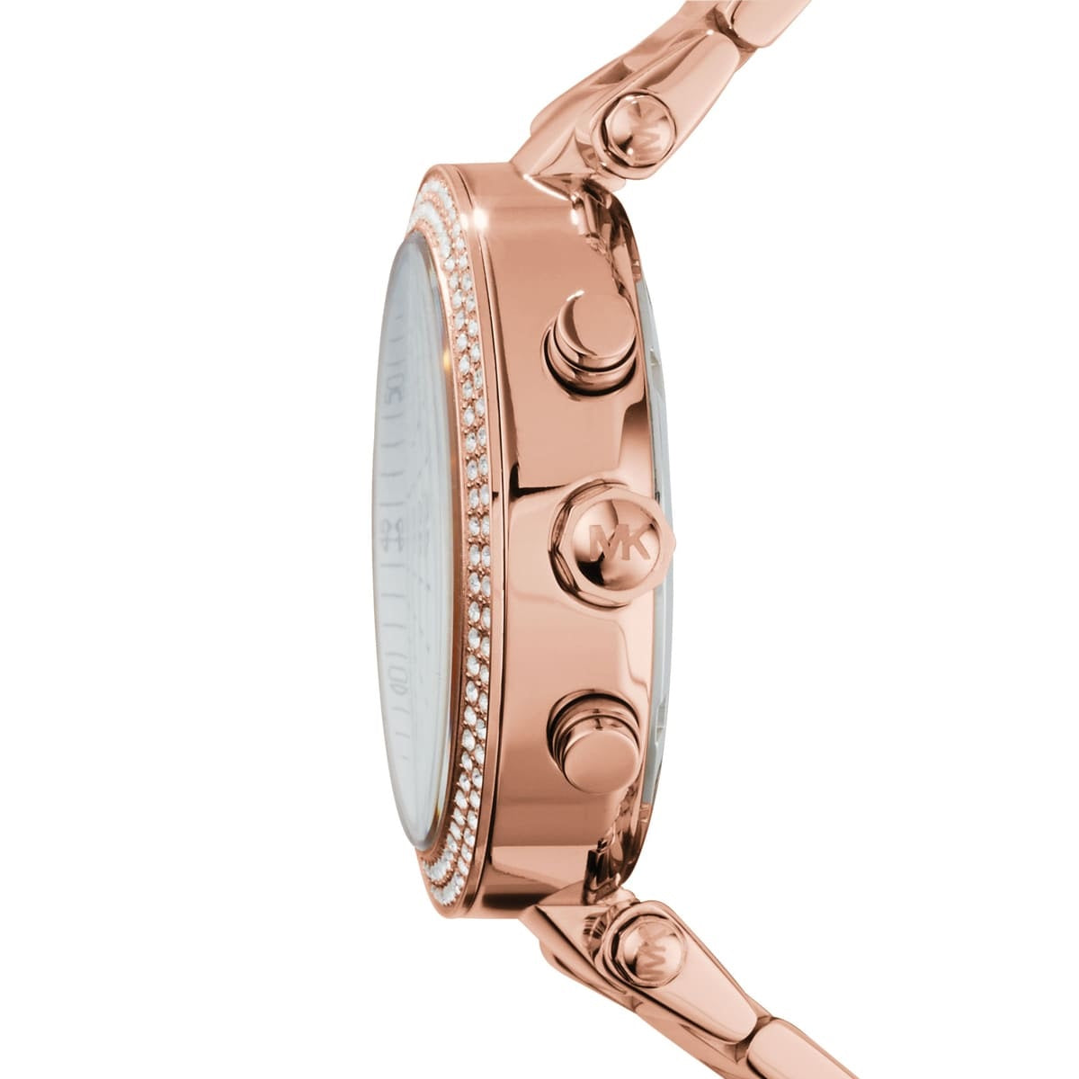 Side view of Michael Kors MK5491 with polished rose gold finish and elegant dial