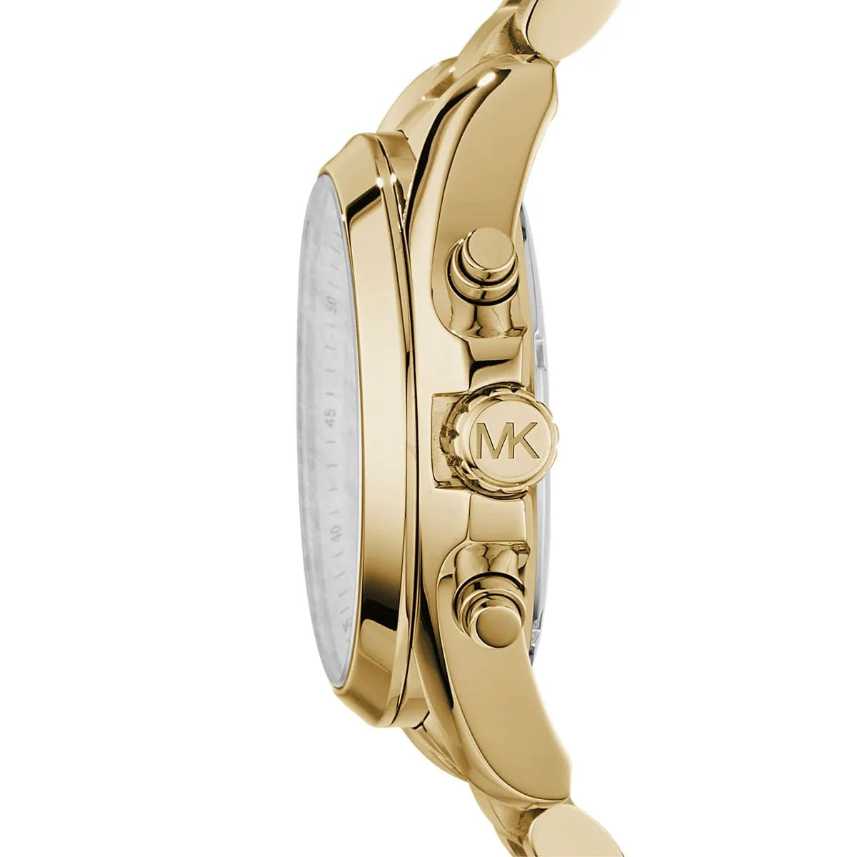 Side profile of Michael Kors MK5605 showing gold stainless steel bracelet and case