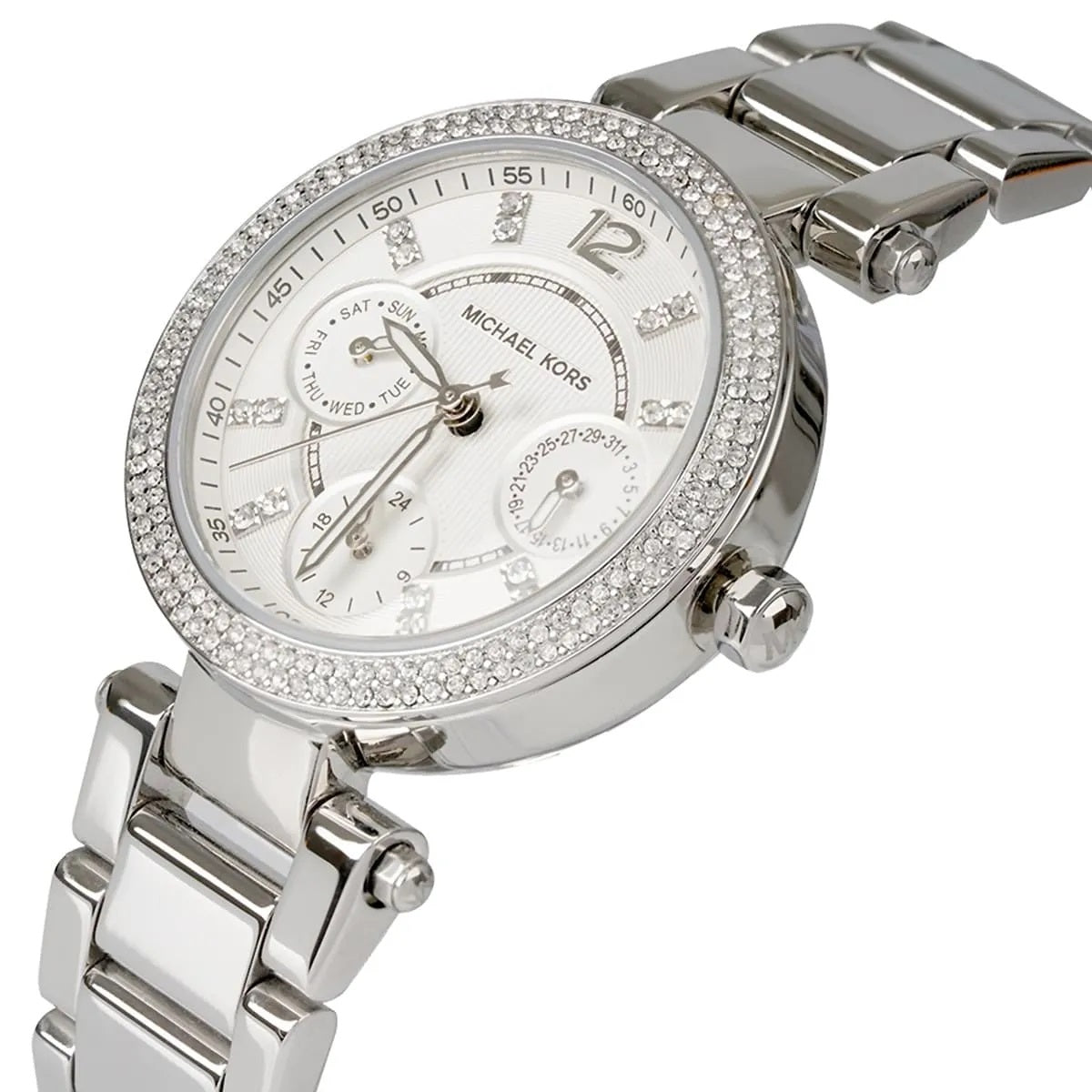 Angled view of Michael Kors MK5615 highlighting its polished silver dial and bracelet
