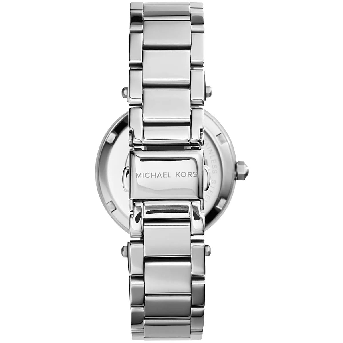Clasp and caseback view of Michael Kors MK5615 silver-tone women's watch