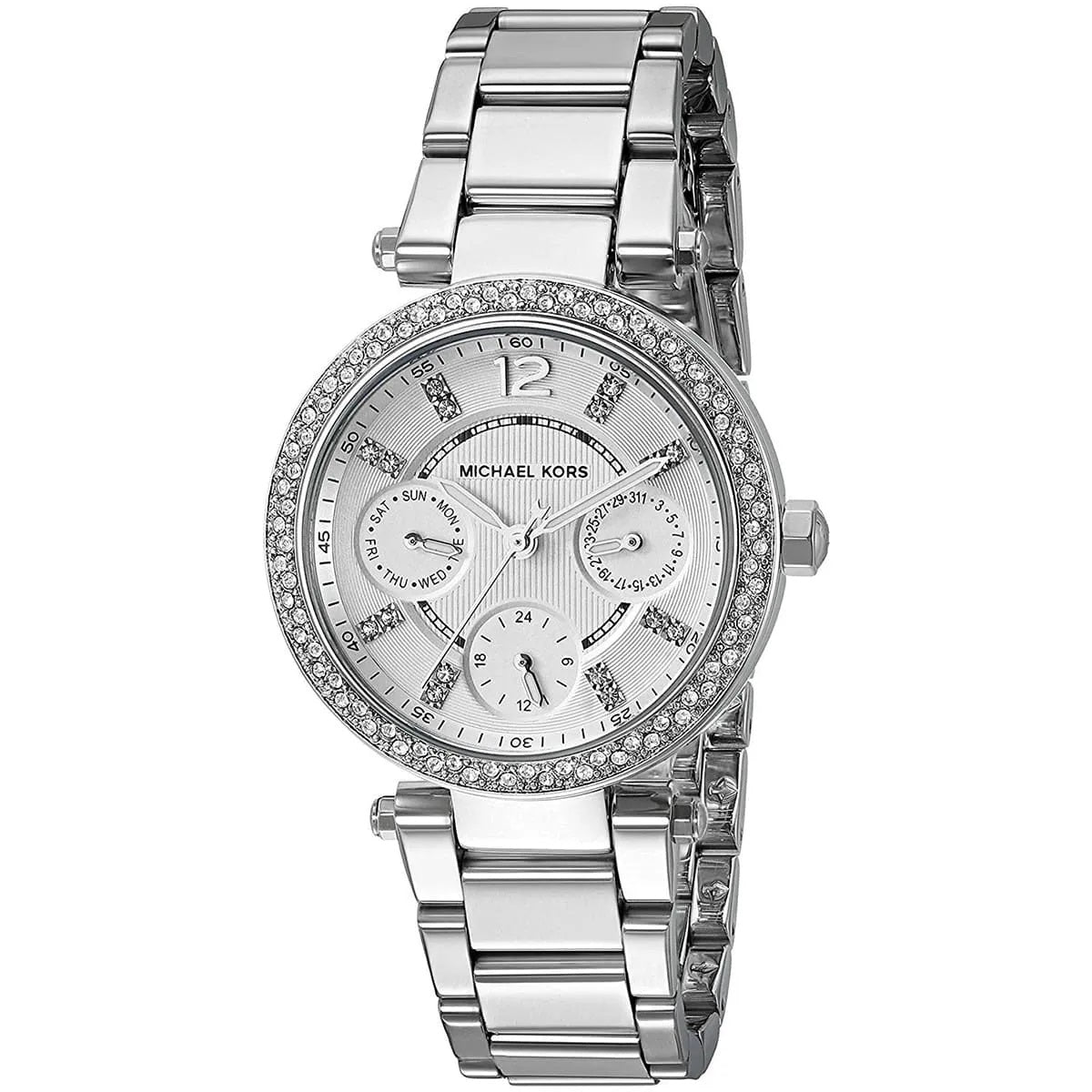 Close-up of silver dial with subdials on Michael Kors MK5615 women's watch