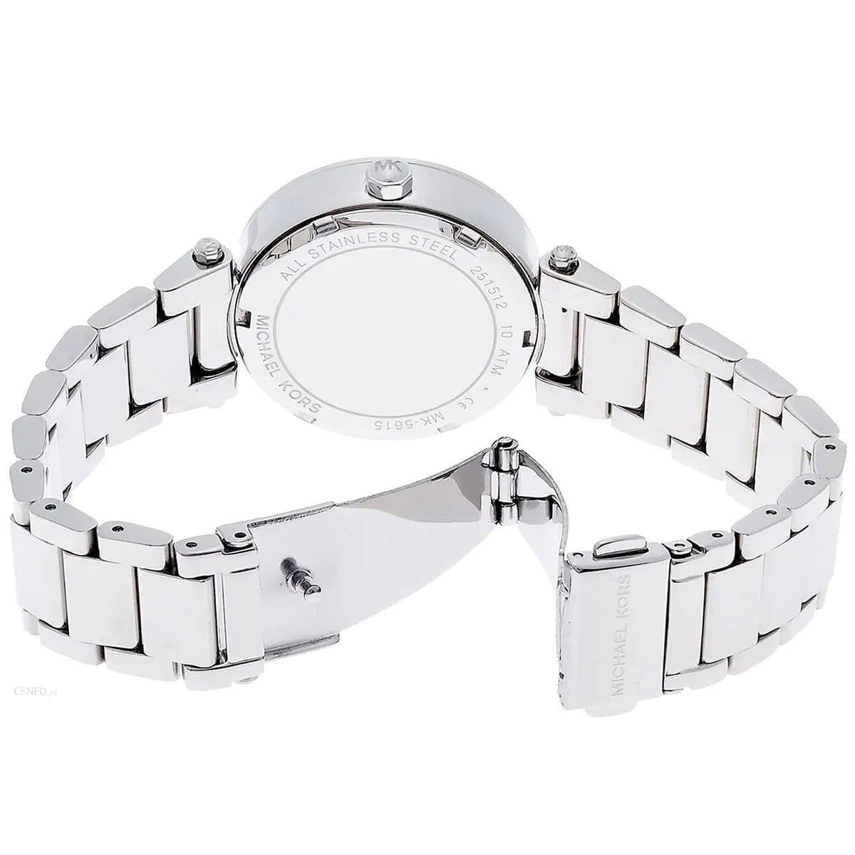Opened caseback of Michael Kors MK5615 showing watch interior and stainless steel finish