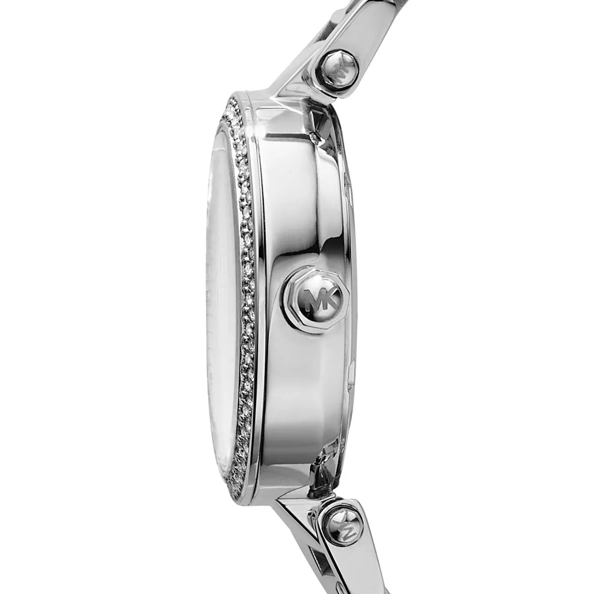 Side profile of Michael Kors MK5615 showing stainless steel silver bracelet and case