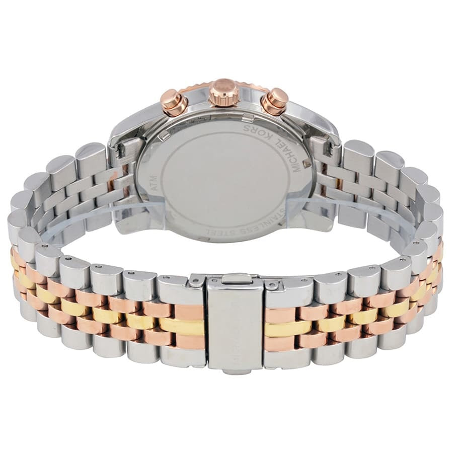 Clasp and caseback of Michael Kors MK5735 showing high-polish silver and gold finish