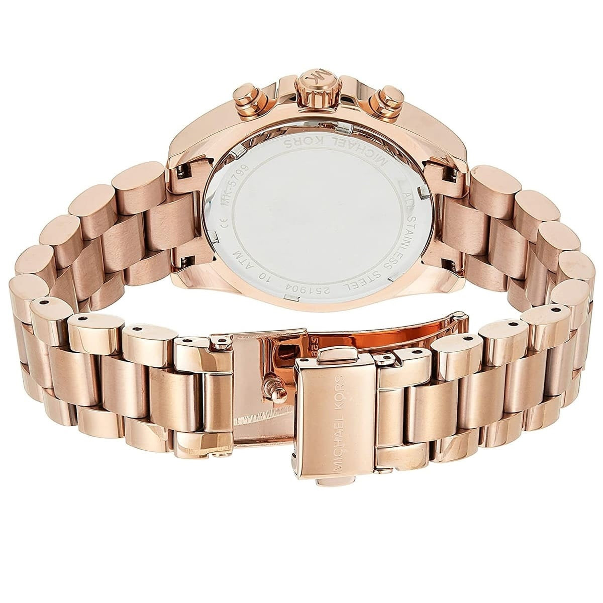 Back view of Michael Kors MK5799 women’s watch showing rose gold stainless steel bracelet and case