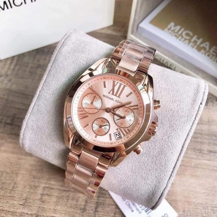 Close-up of rose gold case and lugs on Michael Kors MK5799 women's watch