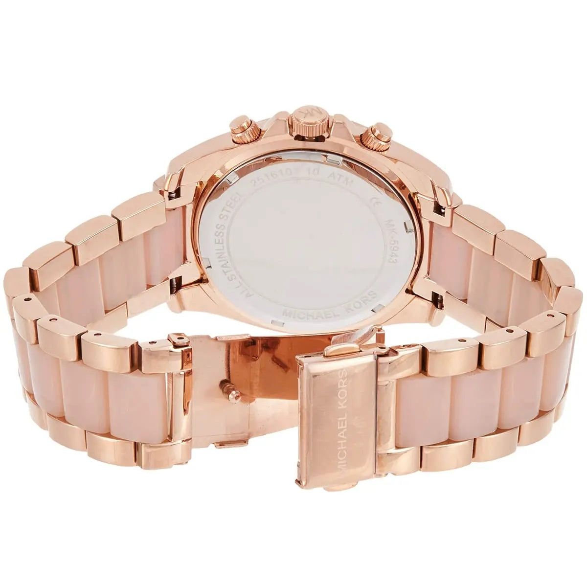 Caseback and clasp view of Michael Kors MK5943 women's rose gold-tone watch