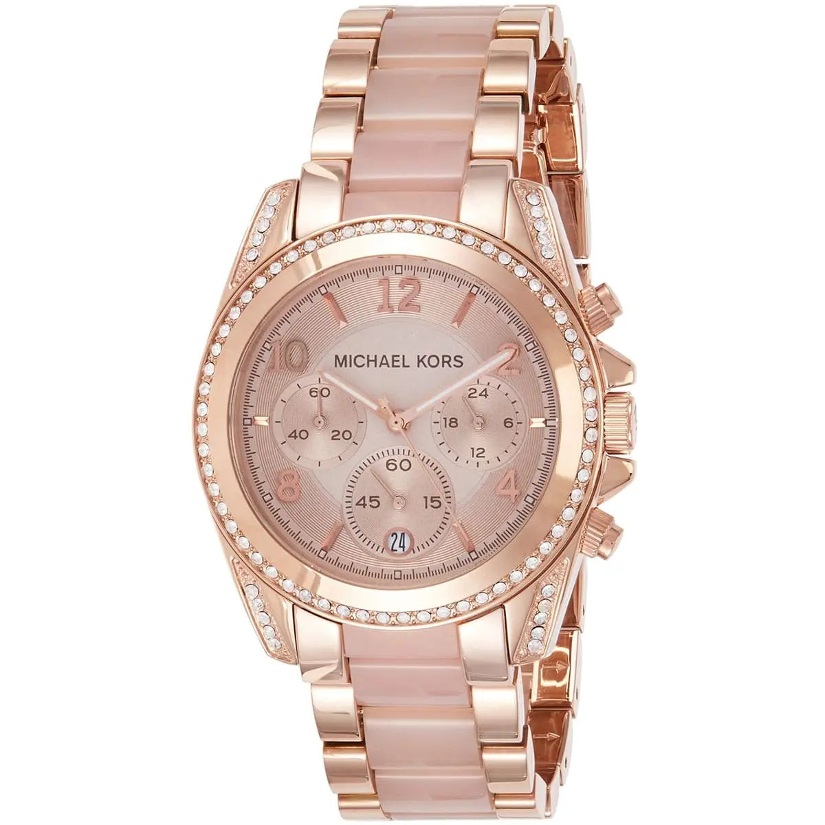 Close-up of rose gold dial on Michael Kors MK5943 women's elegant stainless steel watch