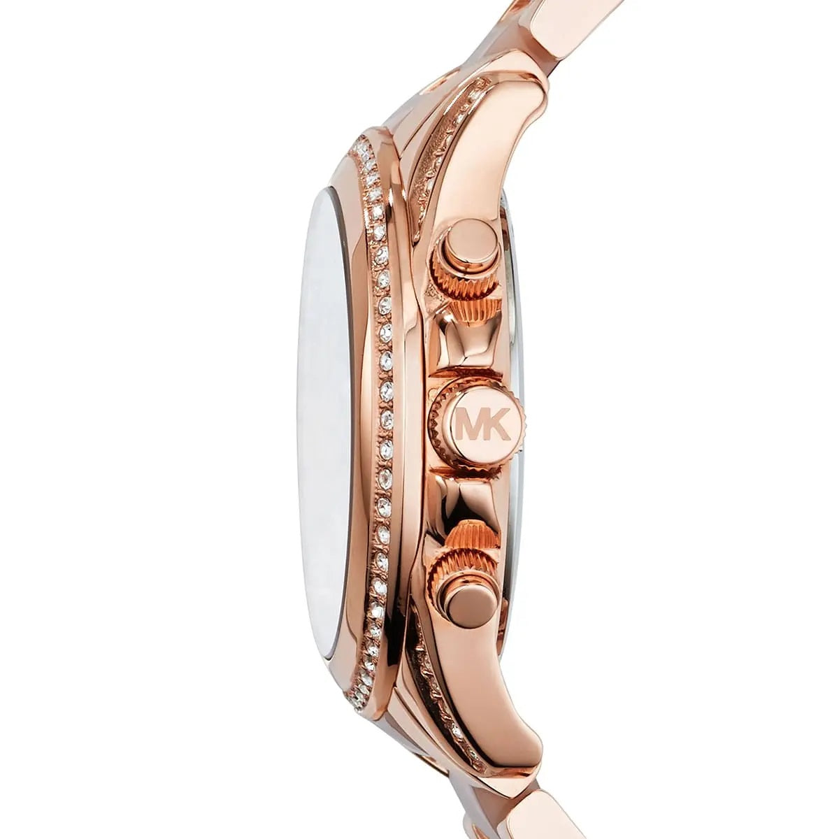 Side profile of Michael Kors MK5943 showing rose gold stainless steel bracelet and case