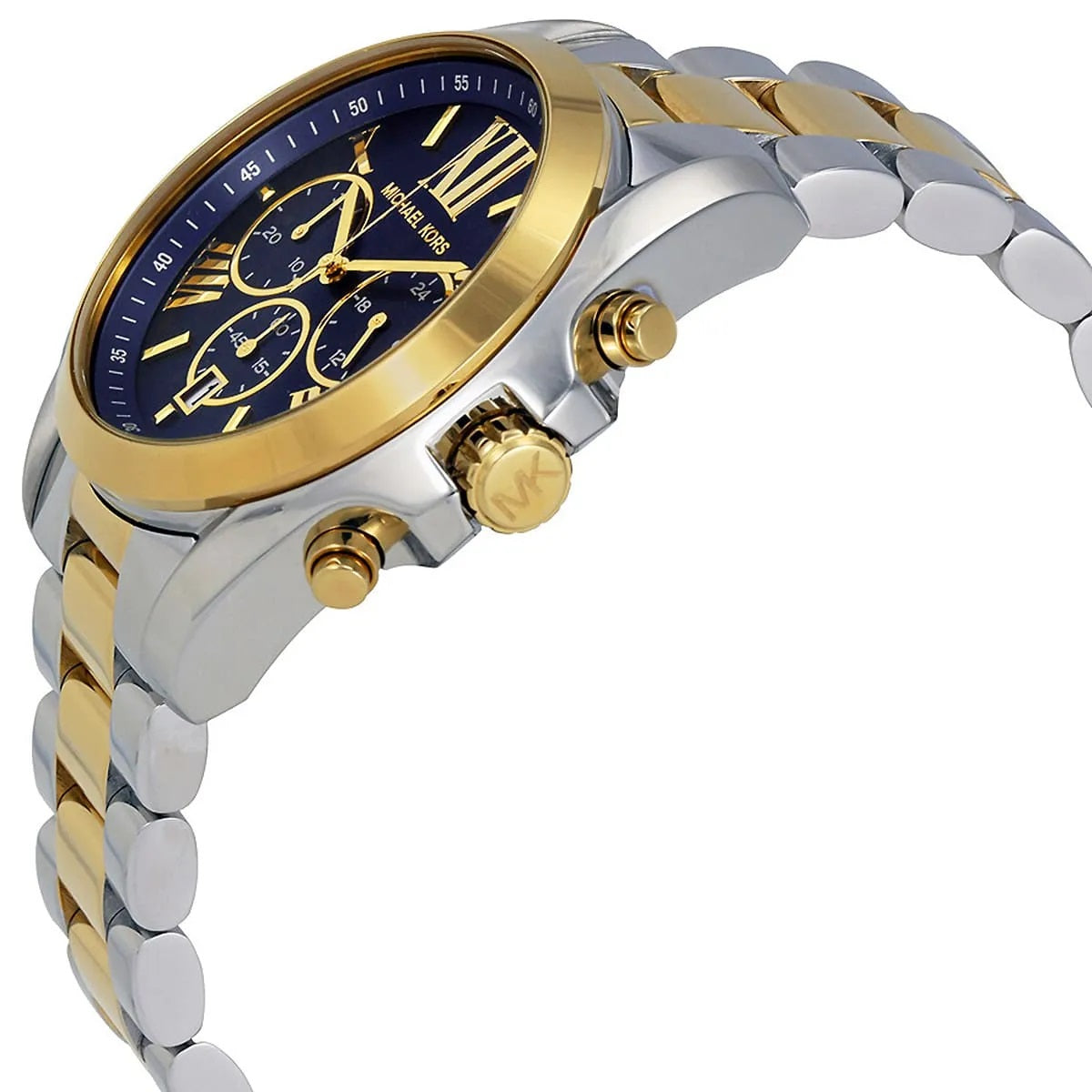 Angled view of Michael Kors MK5976 women's watch highlighting blue dial and two-tone strap