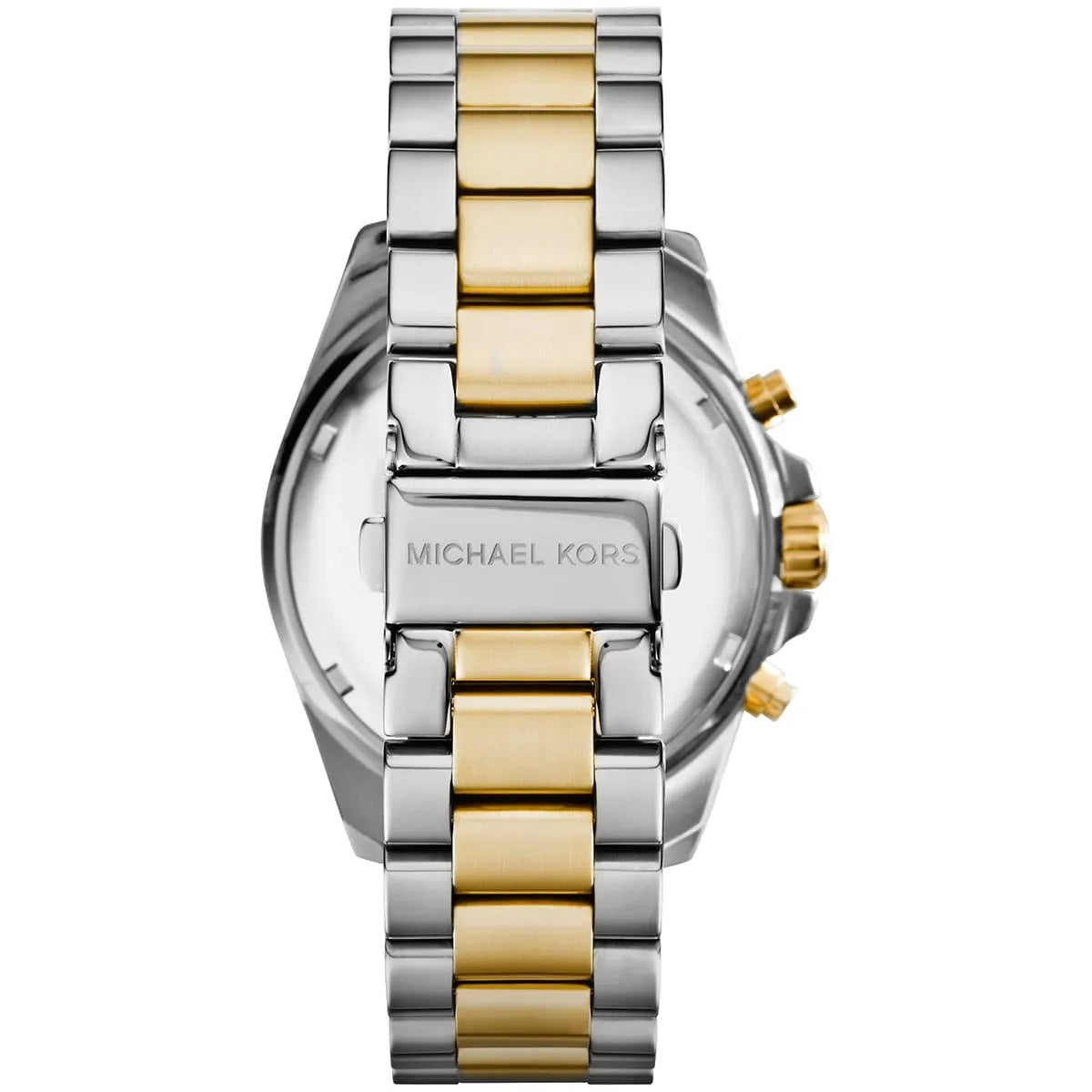 Caseback and clasp of Michael Kors MK5976 showing silver and gold stainless steel build