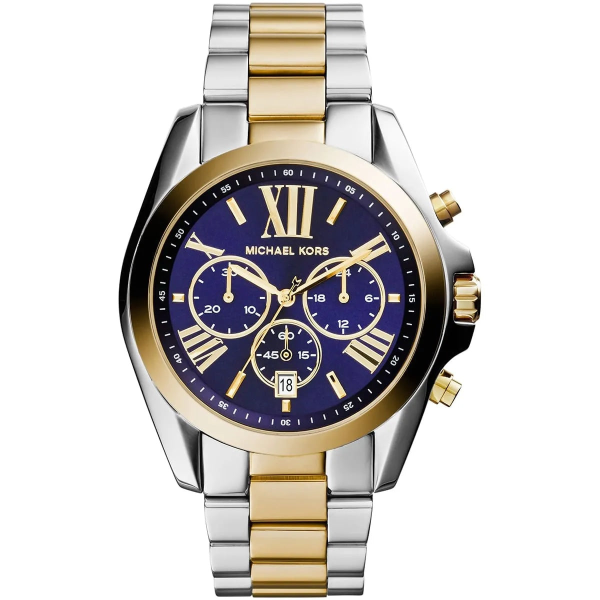 Front view of Michael Kors MK5976 with rich blue dial and gold-silver stainless steel strap