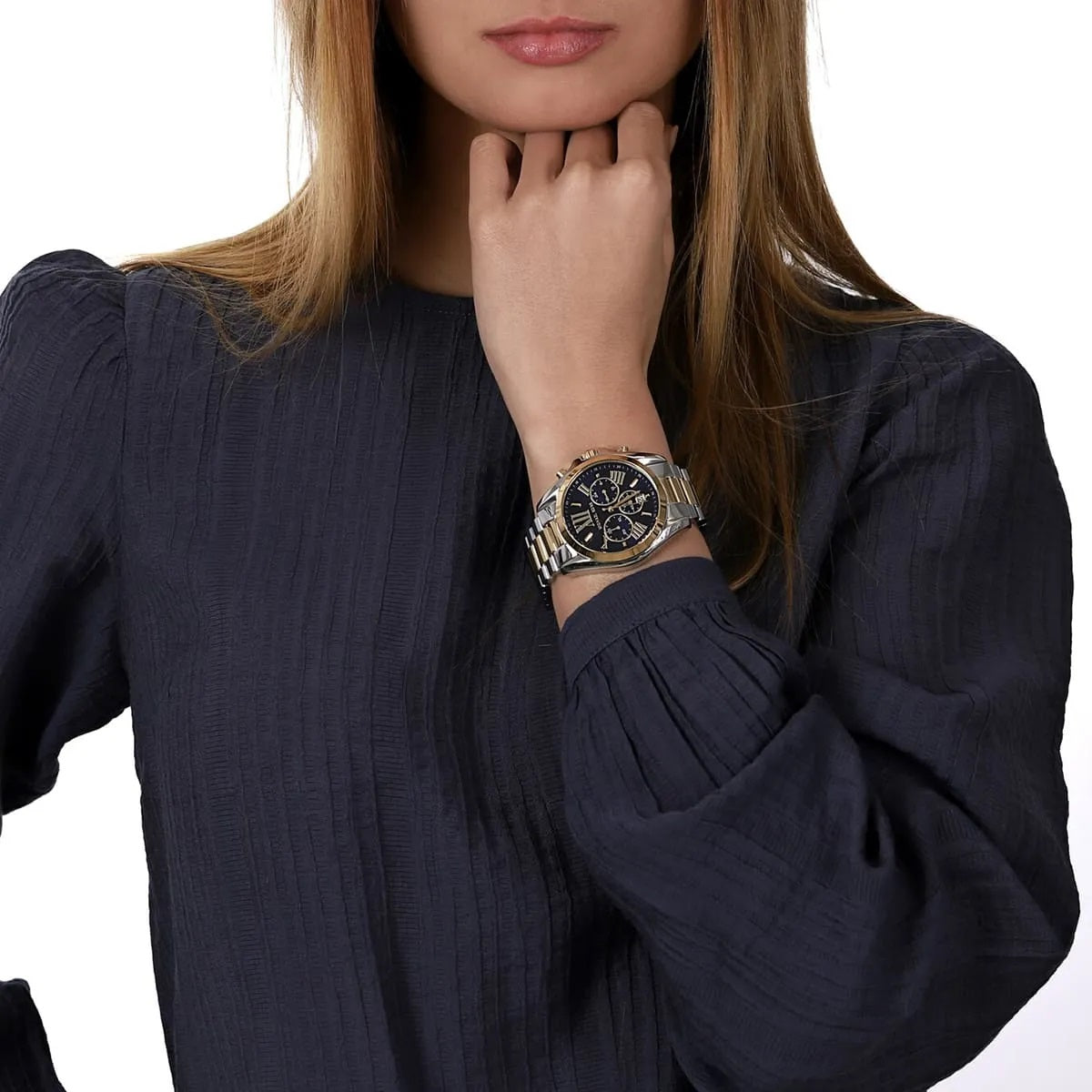 Michael Kors MK5976 two-tone women’s watch with blue dial shown on wrist