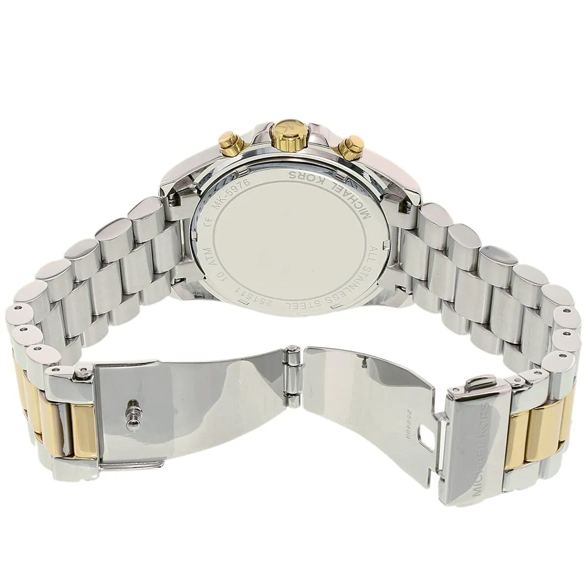 Caseback and open clasp of Michael Kors MK5976 showing silver and gold stainless steel build