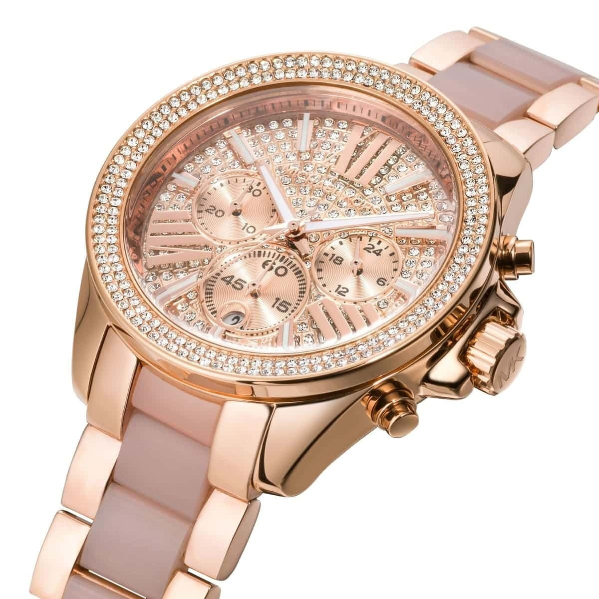 Angled view of Michael Kors MK6096 showing sparkling crystal dial and rose gold finish