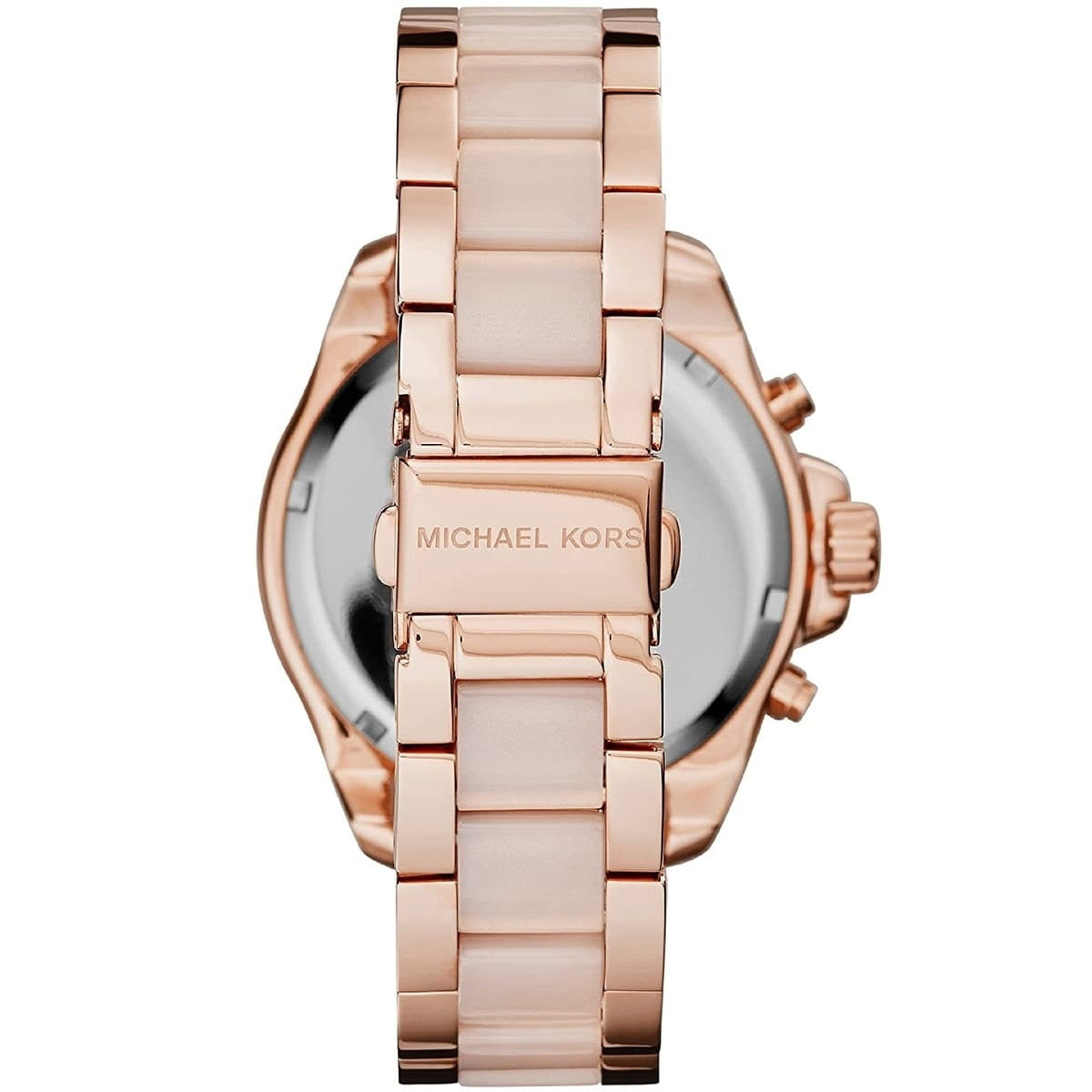 Caseback and clasp view of Michael Kors MK6096 women's watch in rose gold tone