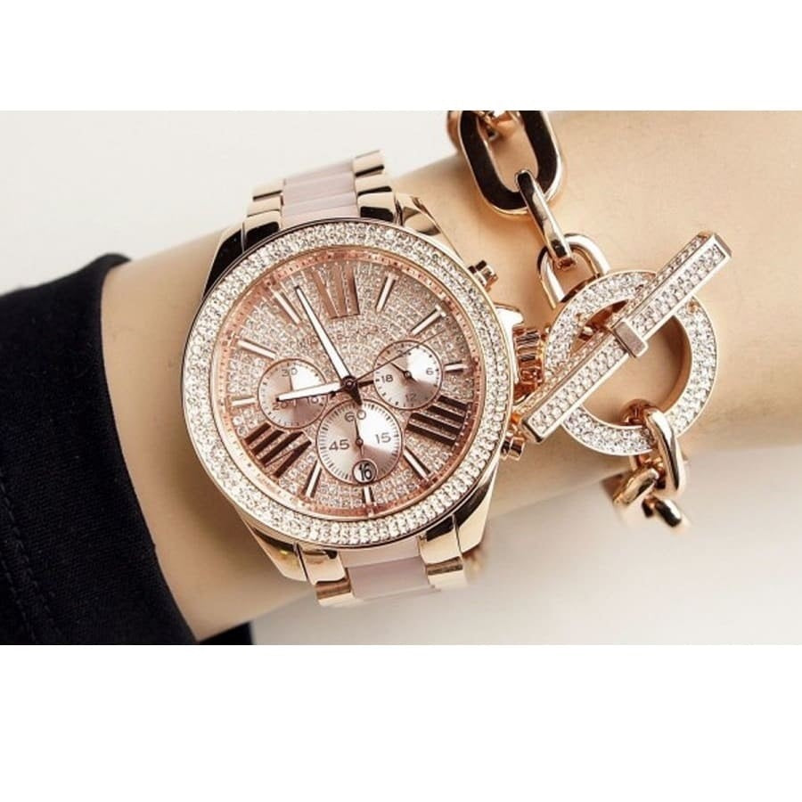 Dial detail showing pavé crystals on Michael Kors MK6096 women's luxury watch
