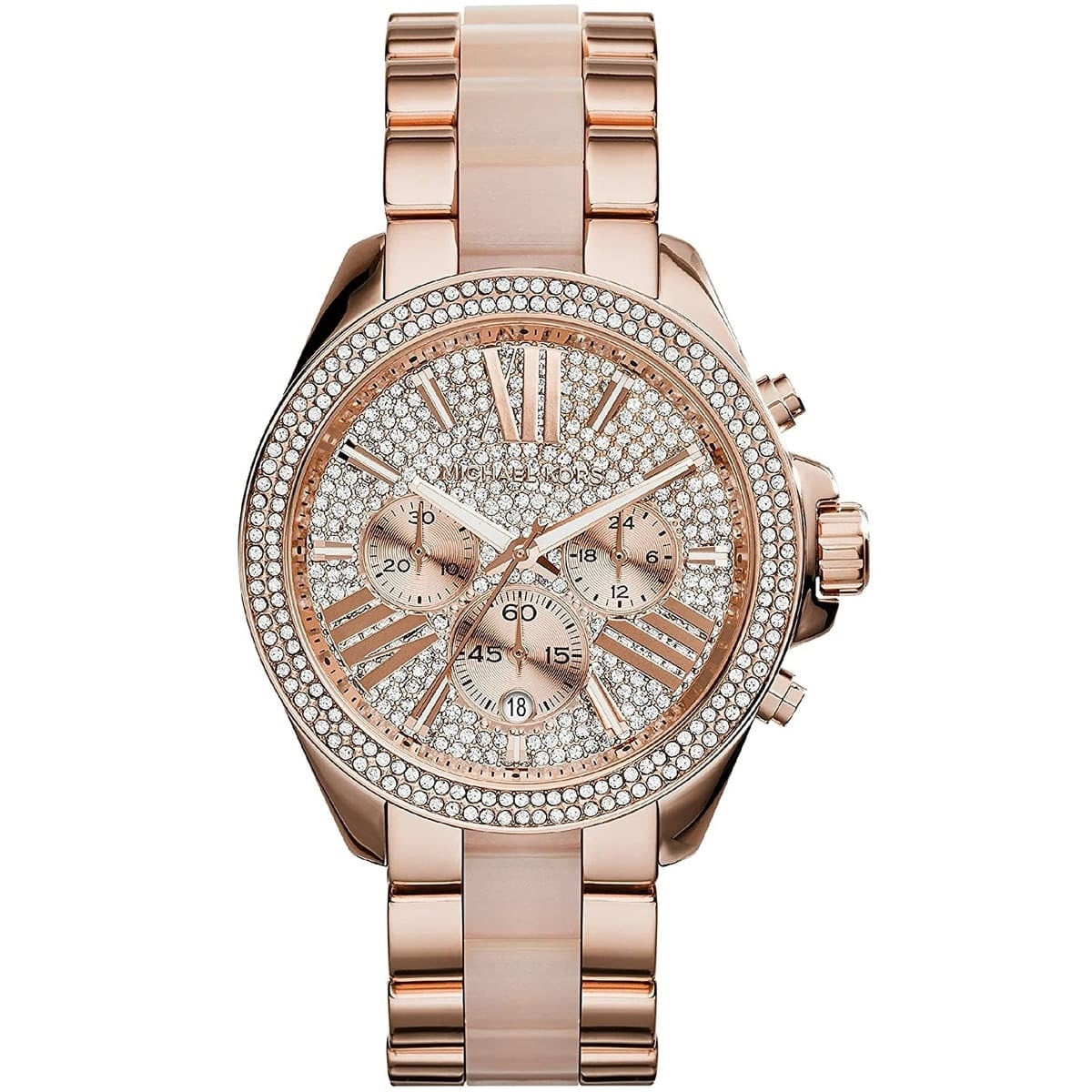 Front view of Michael Kors MK6096 women's rose gold watch with sparkling crystal dial