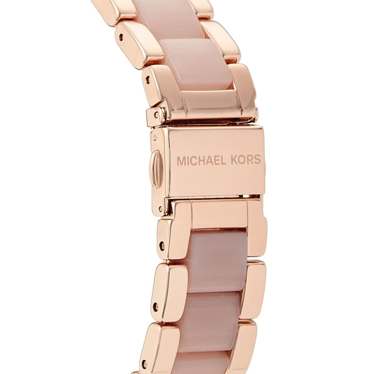 Detail of the rose gold stainless steel bracelet on Michael Kors MK6096 women's watch