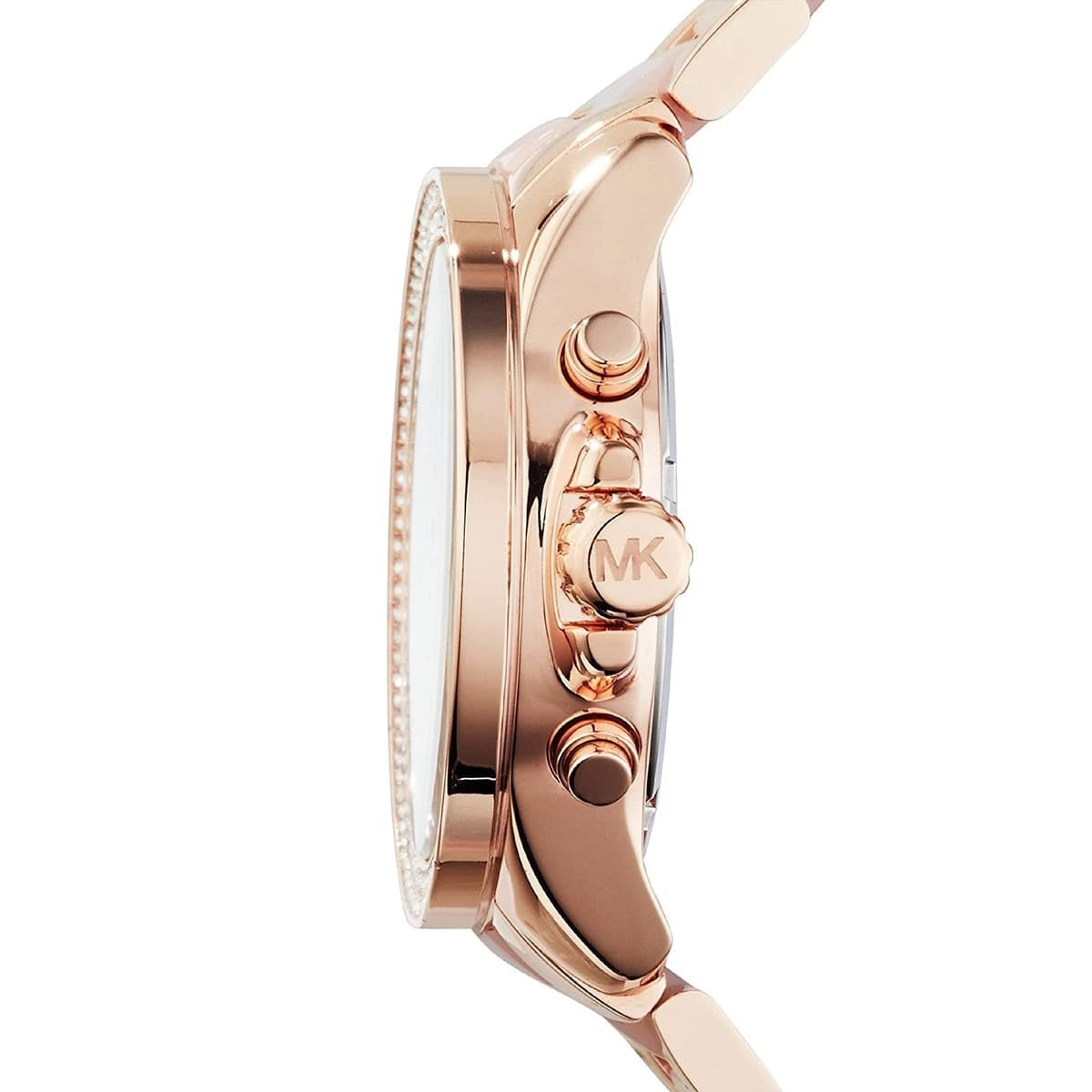 Side view of Michael Kors MK6096 women's stainless steel watch with pavé dial