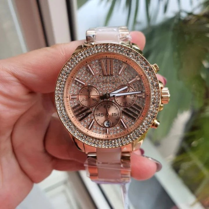 Michael Kors MK6096 women's watch with rose gold strap and pavé crystal dial