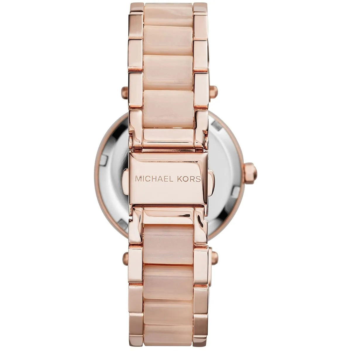 Clasp and caseback view of Michael Kors MK6110 women's rose gold-tone watch