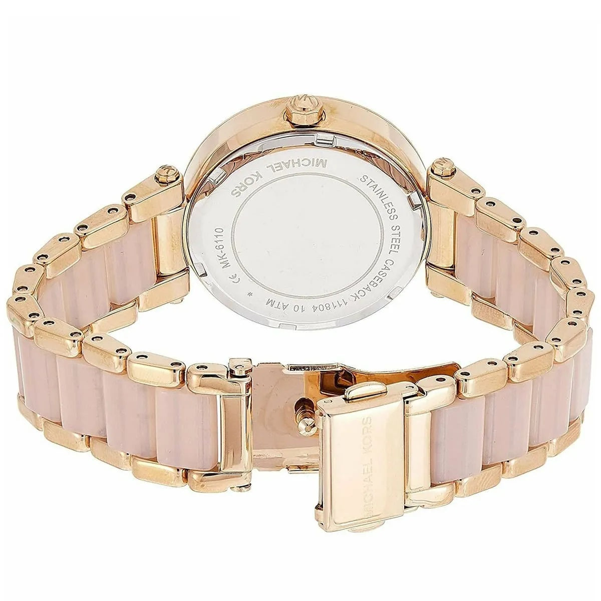 Open clasp and caseback view of Michael Kors MK6110 women's rose gold-tone watch