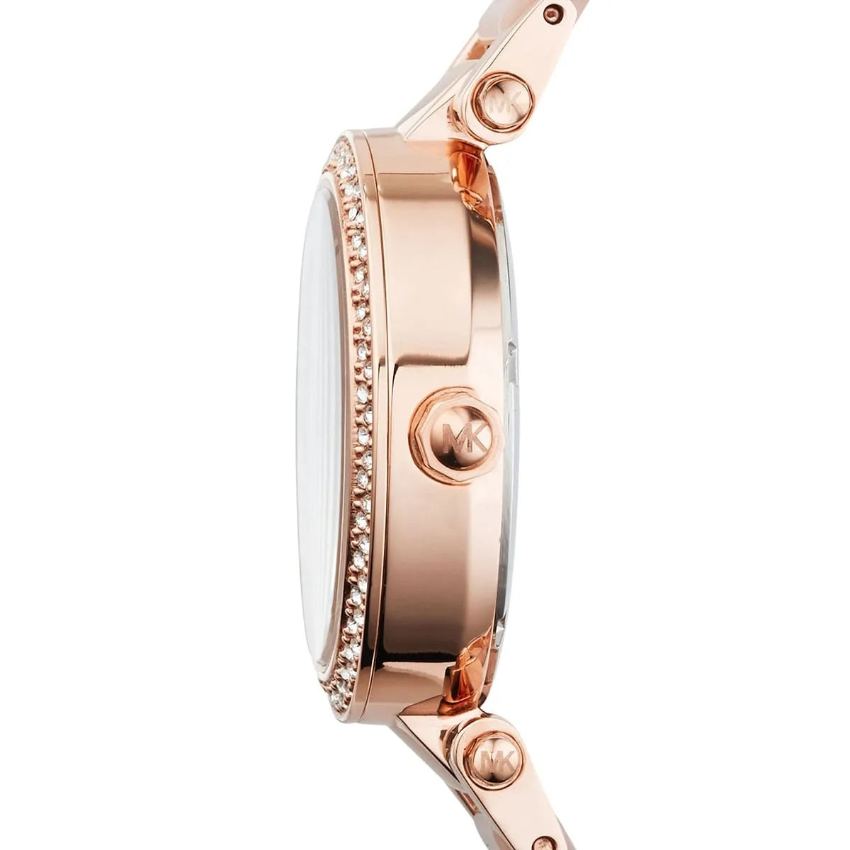 Side view of Michael Kors MK6110 with rose gold case and stainless steel bracelet