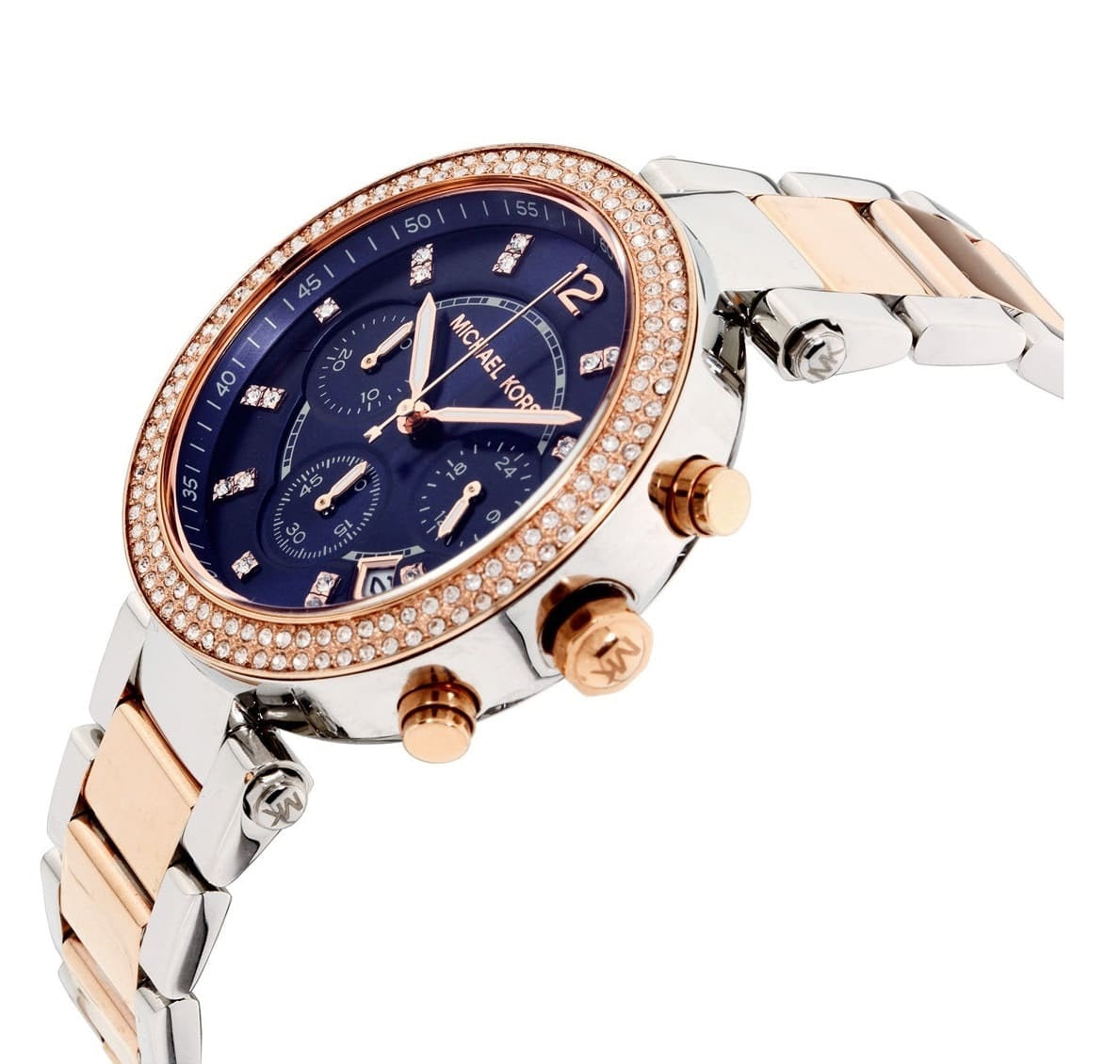 Angled view of Michael Kors MK6141 with blue dial and rose gold accents on strap