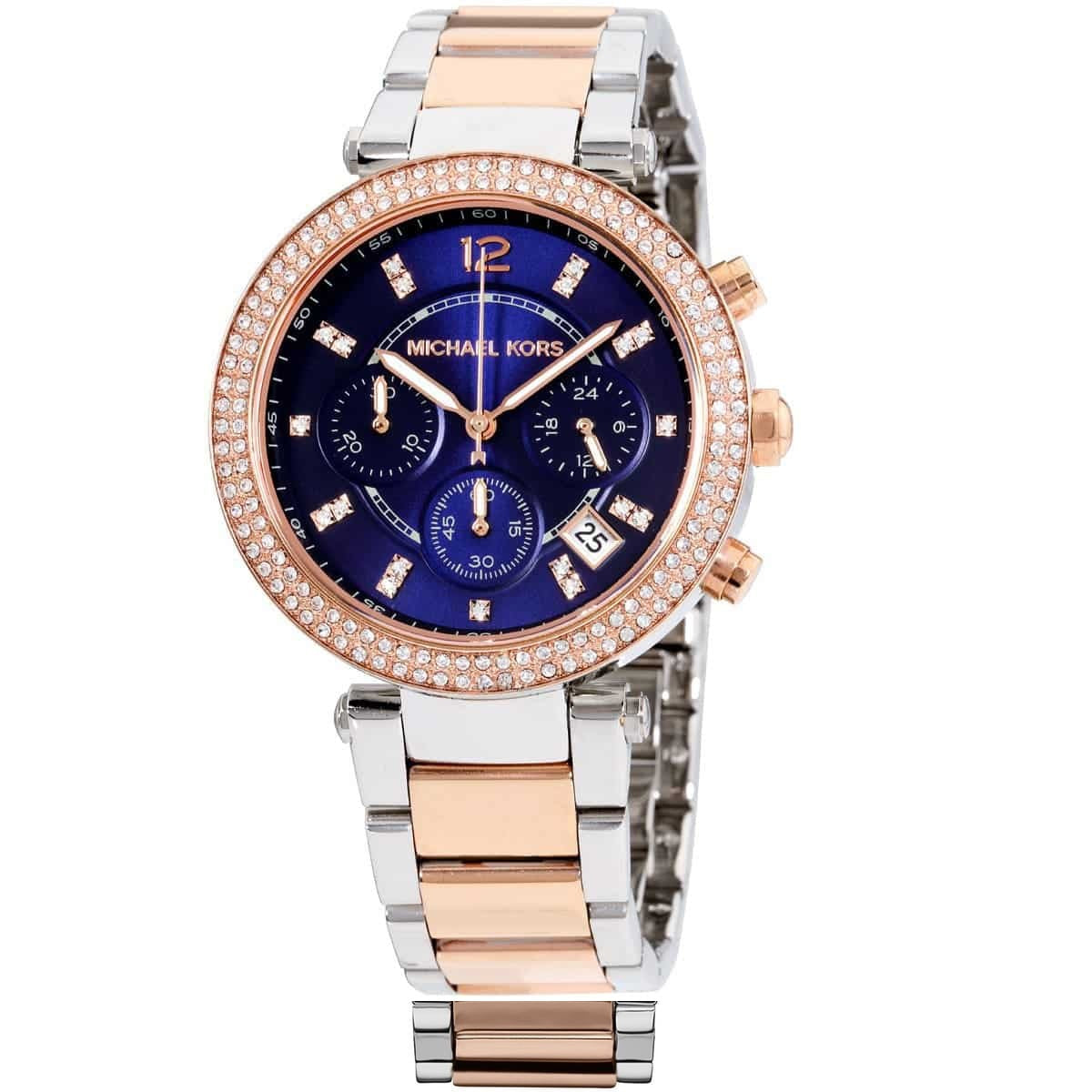 Close-up of the blue dial on Michael Kors MK6141 women's two-tone stainless steel watch
