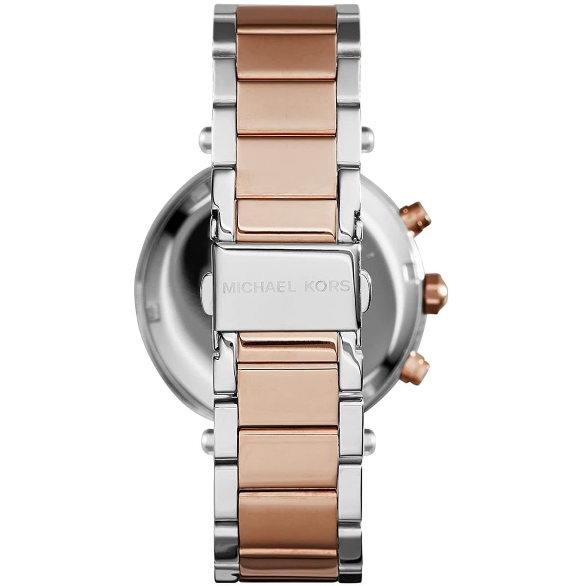 Clasp and caseback of Michael Kors MK6141 women's two-tone watch with blue dial