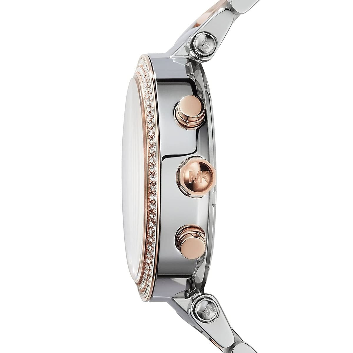 Side profile of Michael Kors MK6141 showing silver and rose gold bracelet and blue dial