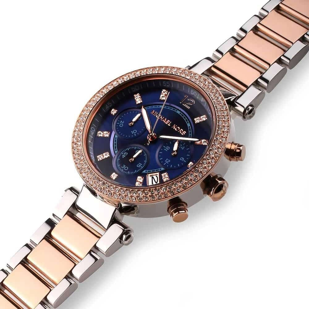 Michael Kors MK6141 women's watch with two-tone silver and rose gold strap and blue dial