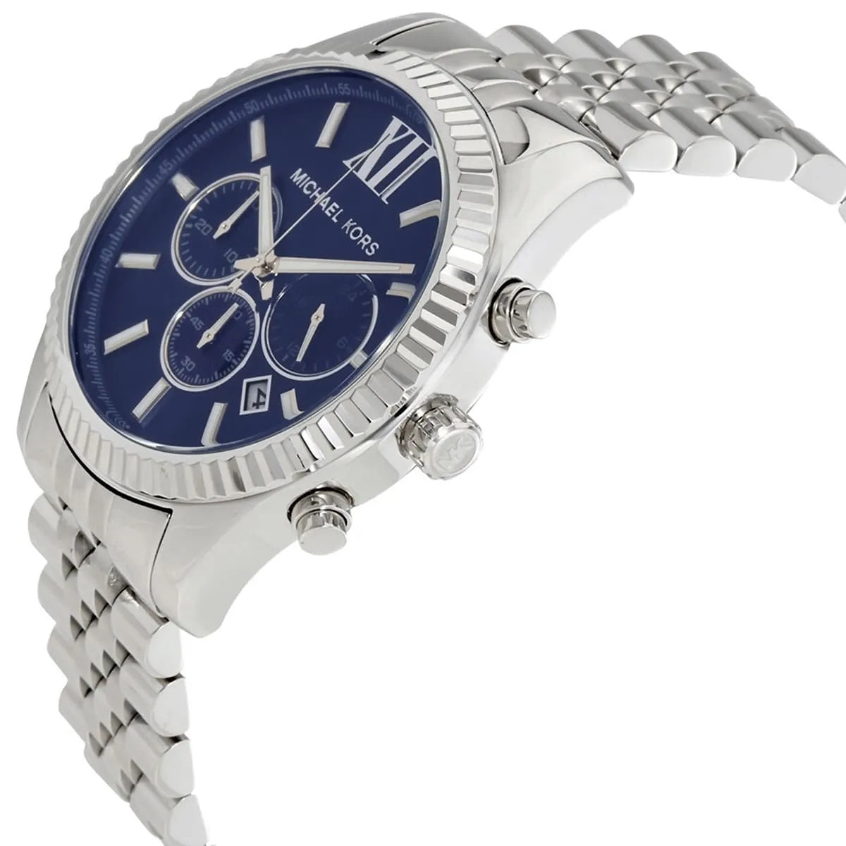 Angled view of Michael Kors MK8280 men's watch showing bold blue dial and silver case