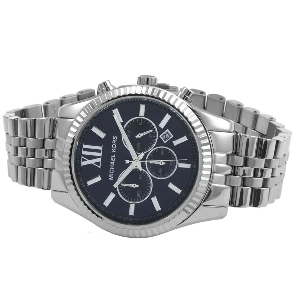 Close-up of the blue dial and chronograph subdials on Michael Kors MK8280 men's watch