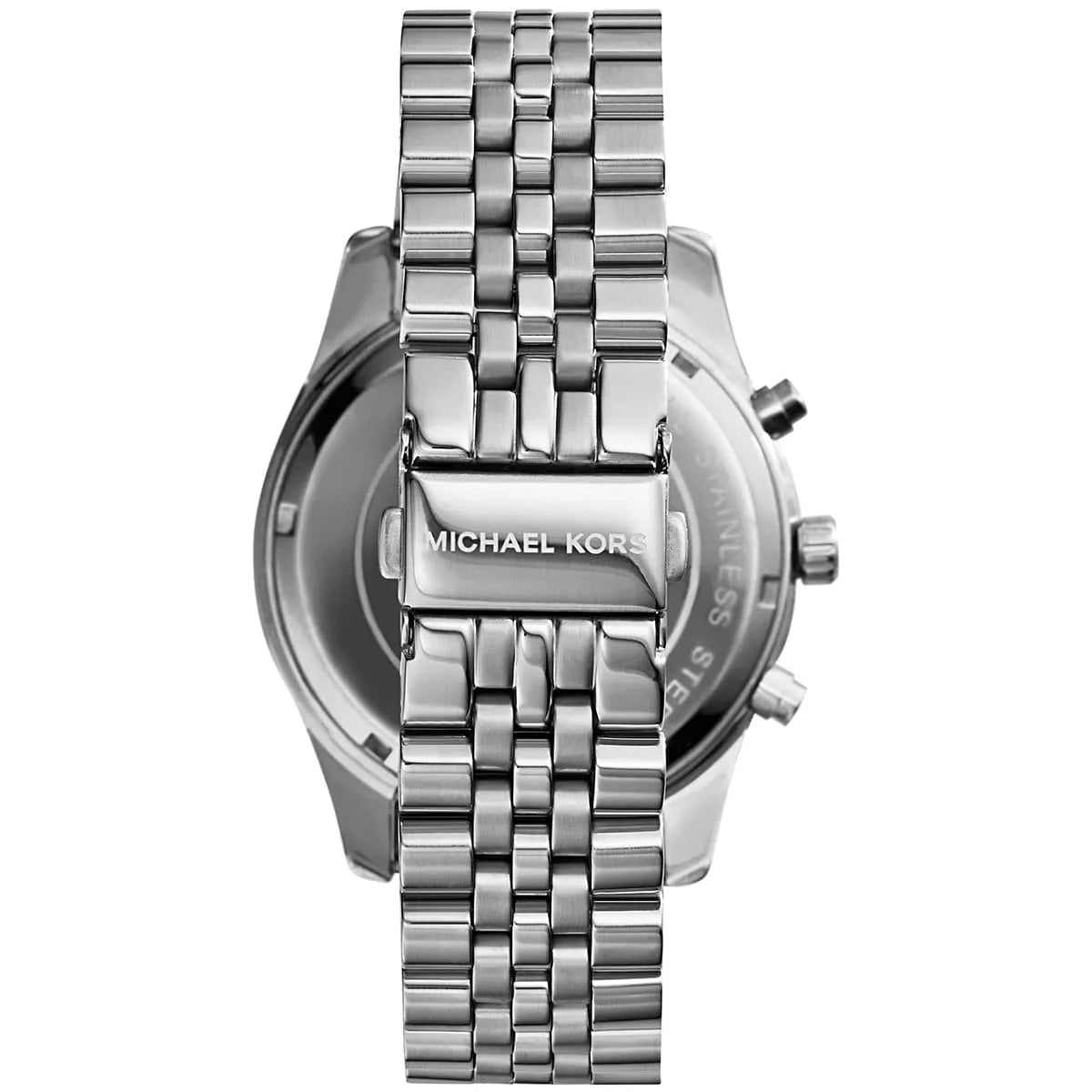 Clasp and caseback view of Michael Kors MK8280 silver stainless steel watch