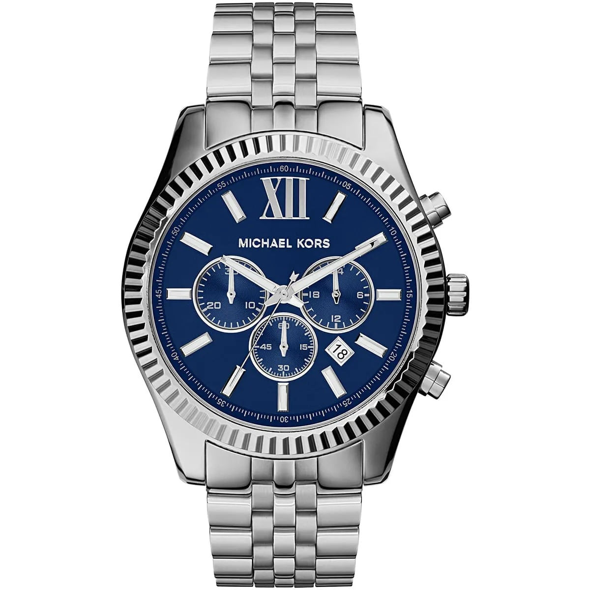 Front view of Michael Kors MK8280 men's watch with deep blue dial and silver stainless steel strap
