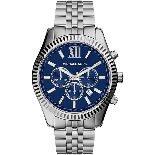 Front view of Michael Kors MK8280 men's watch with deep blue dial and silver stainless steel strap