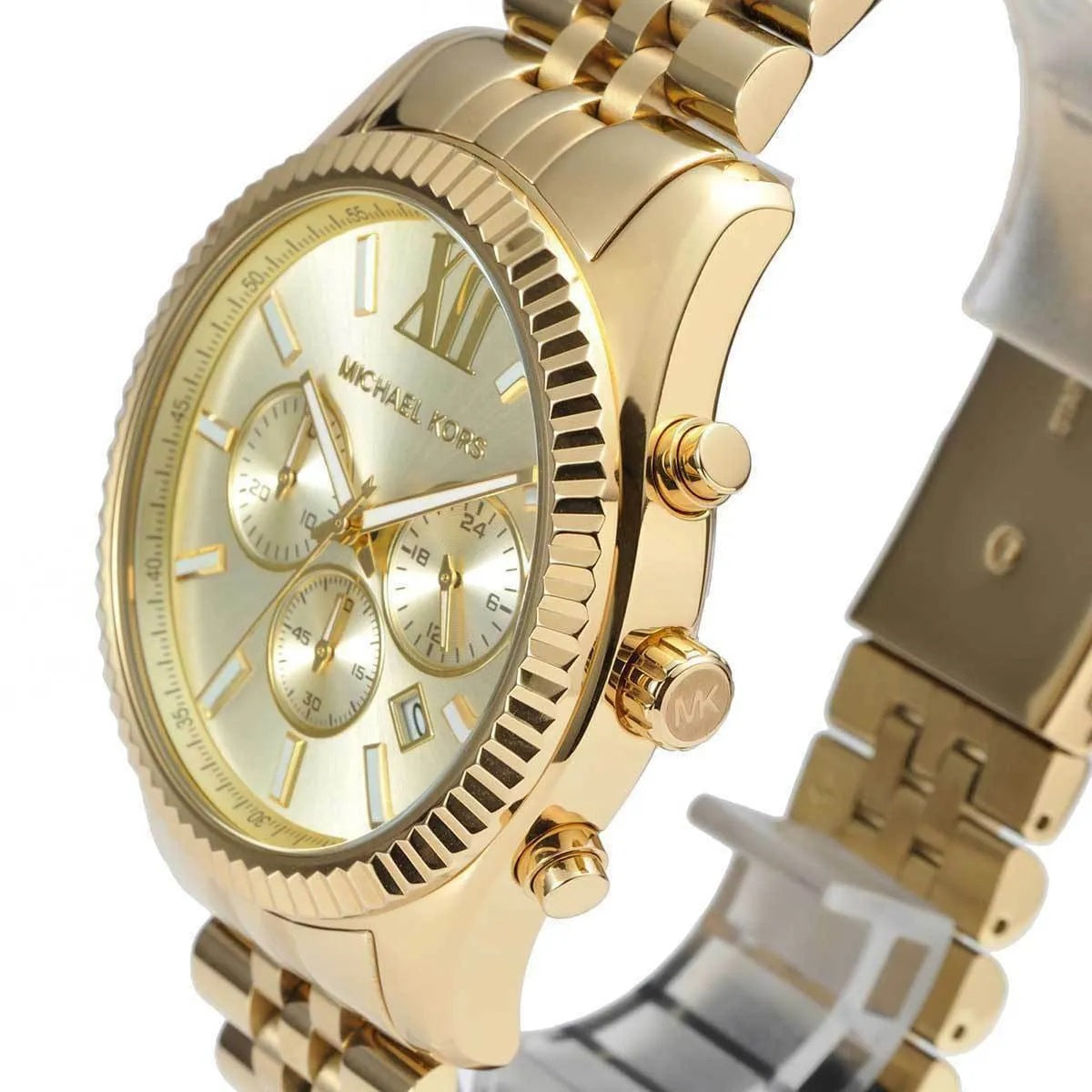 Angled view of Michael Kors MK8281 full gold-tone watch with dial and case details