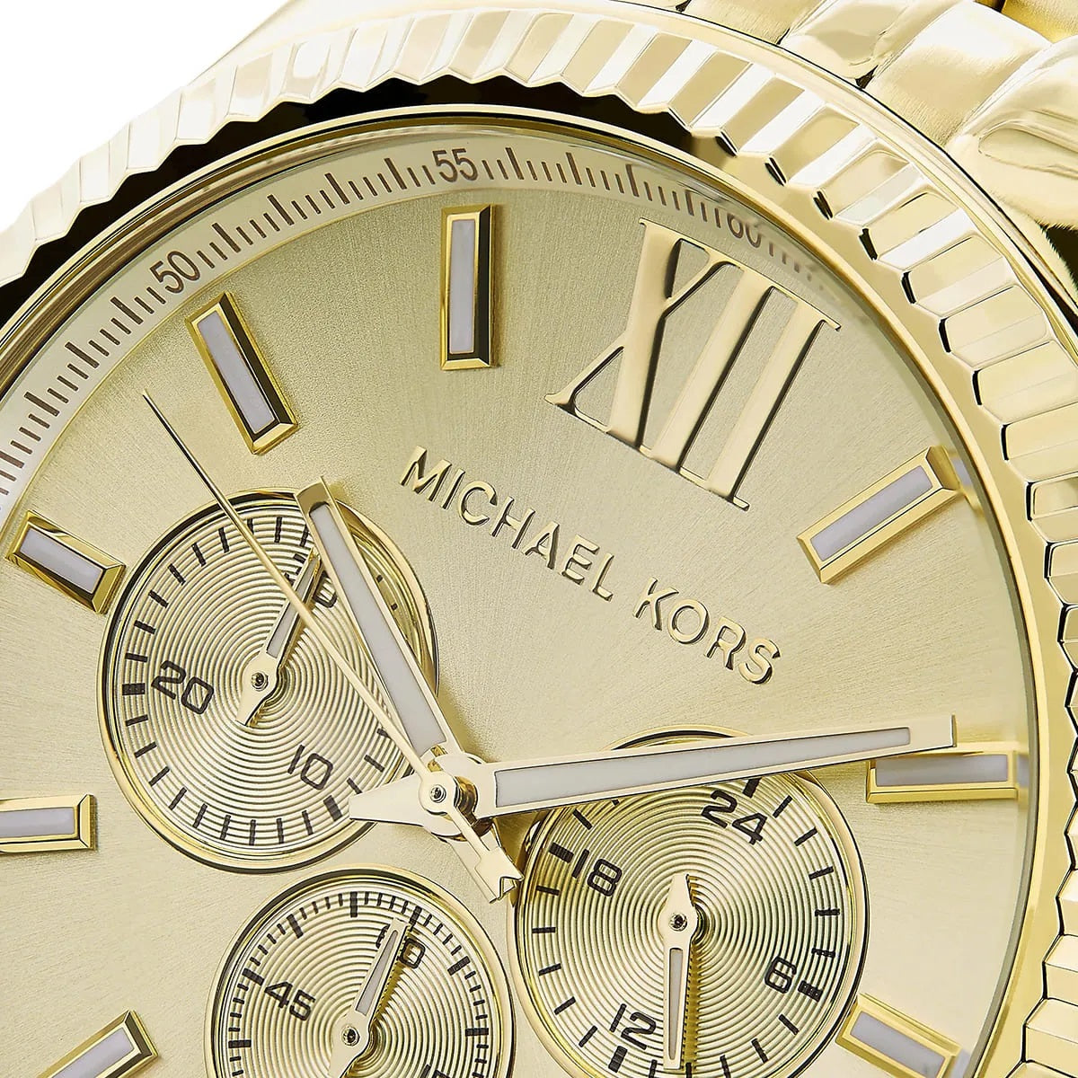 Close-up of the gold dial on Michael Kors MK8281 men's full gold-tone watch
