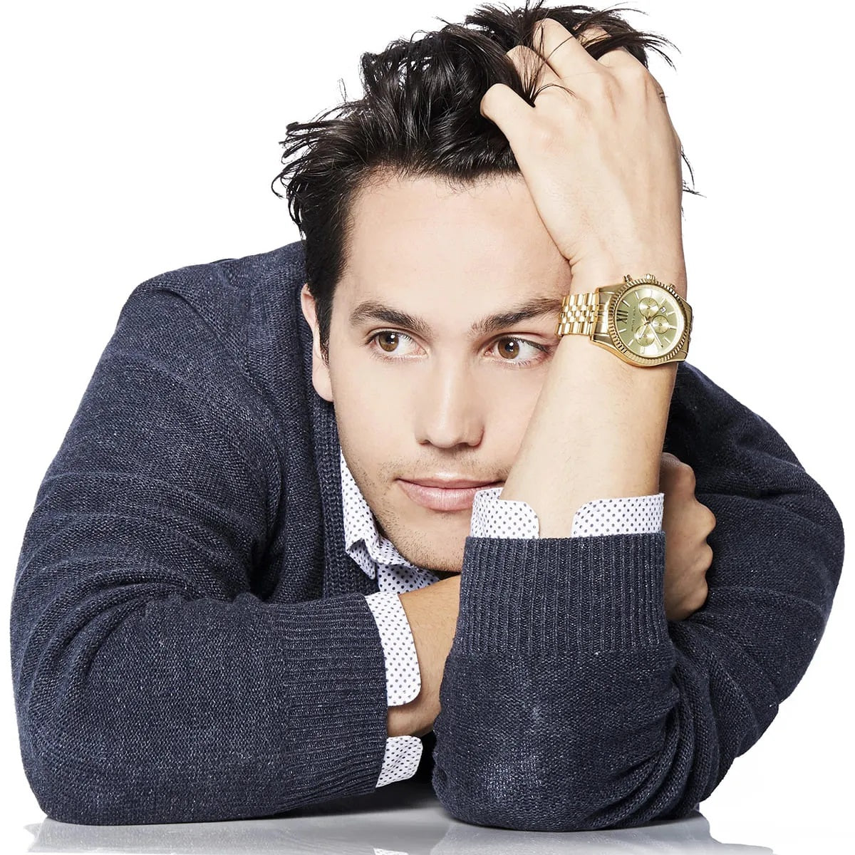 Michael Kors MK8281 full gold men's watch with gold dial shown on wrist for scale and fit