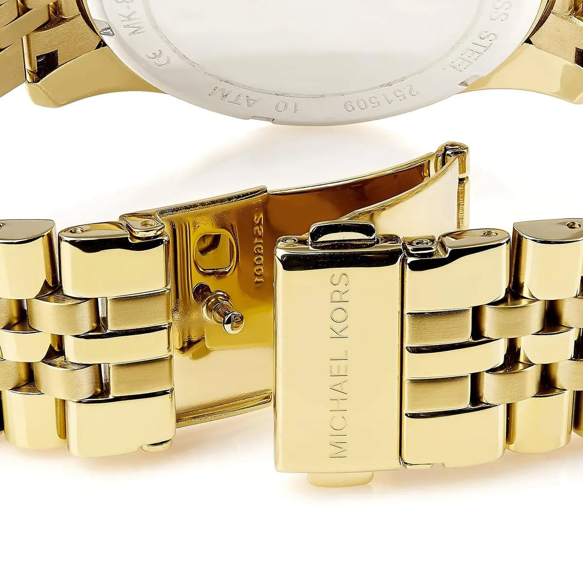 Open clasp view of Michael Kors MK8281 men's watch with gold-tone stainless steel strap