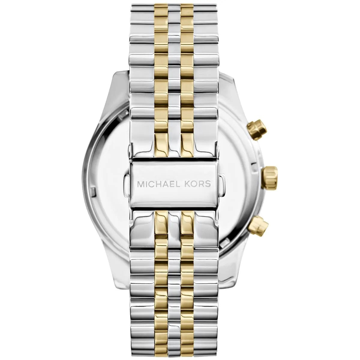 Clasp and strap view of Michael Kors MK8344 men's watch with two-tone silver and gold bracelet