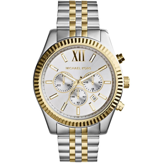 Front view of Michael Kors MK8344 men's watch with two-tone silver and gold strap and silver dial